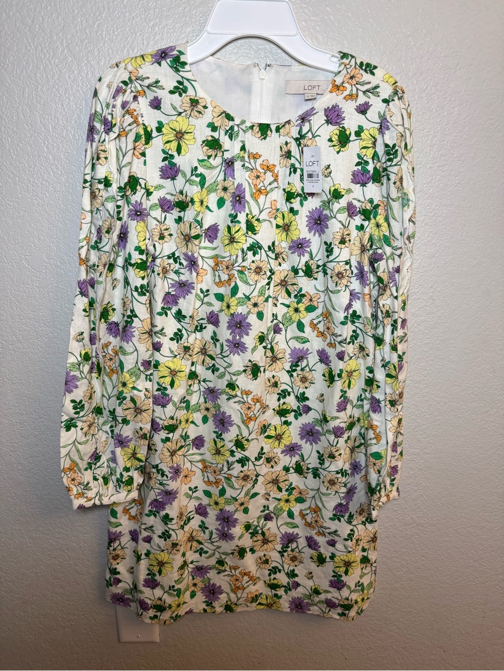 LOFT NWT Floral Linen-Blend Long Sleeve Shift Dress Size 4 Cream Boho Pleated